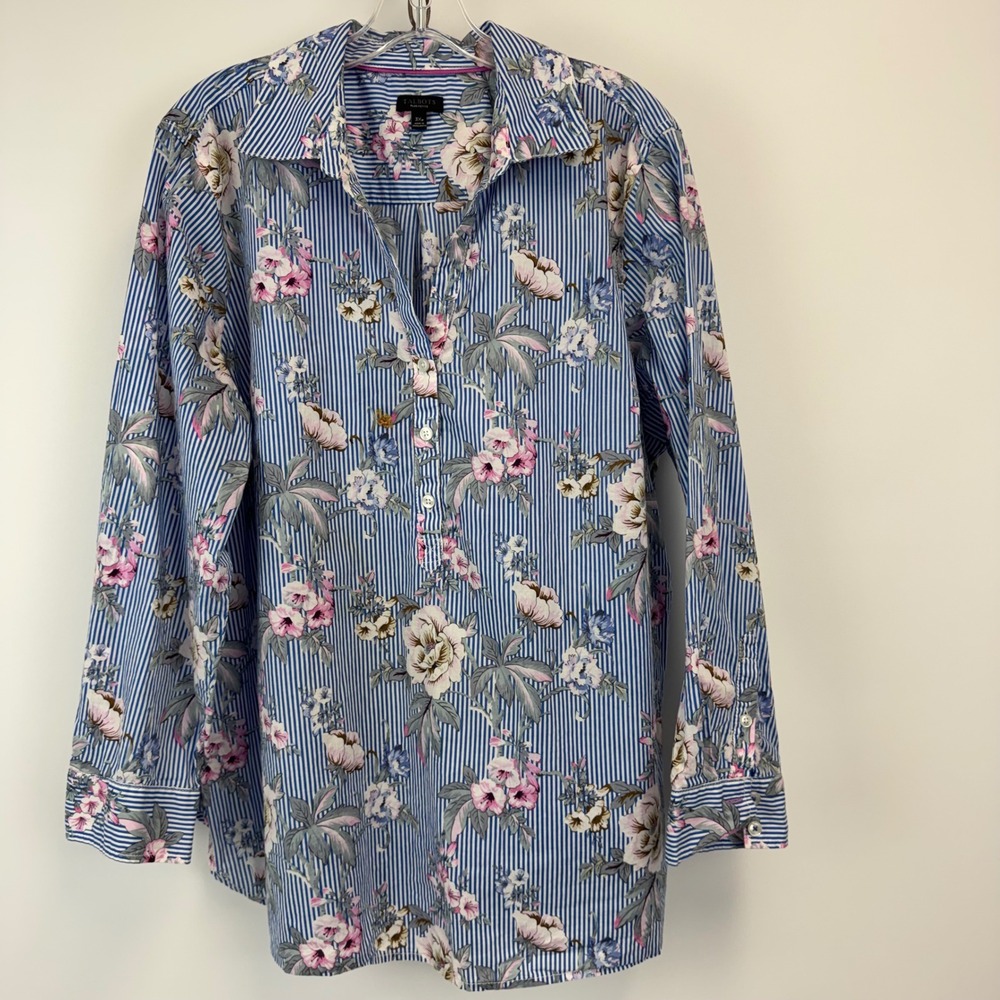 Talbots Blue White Stripe Floral Button Down Shirt Plus Petite 3XP 100% Cotton